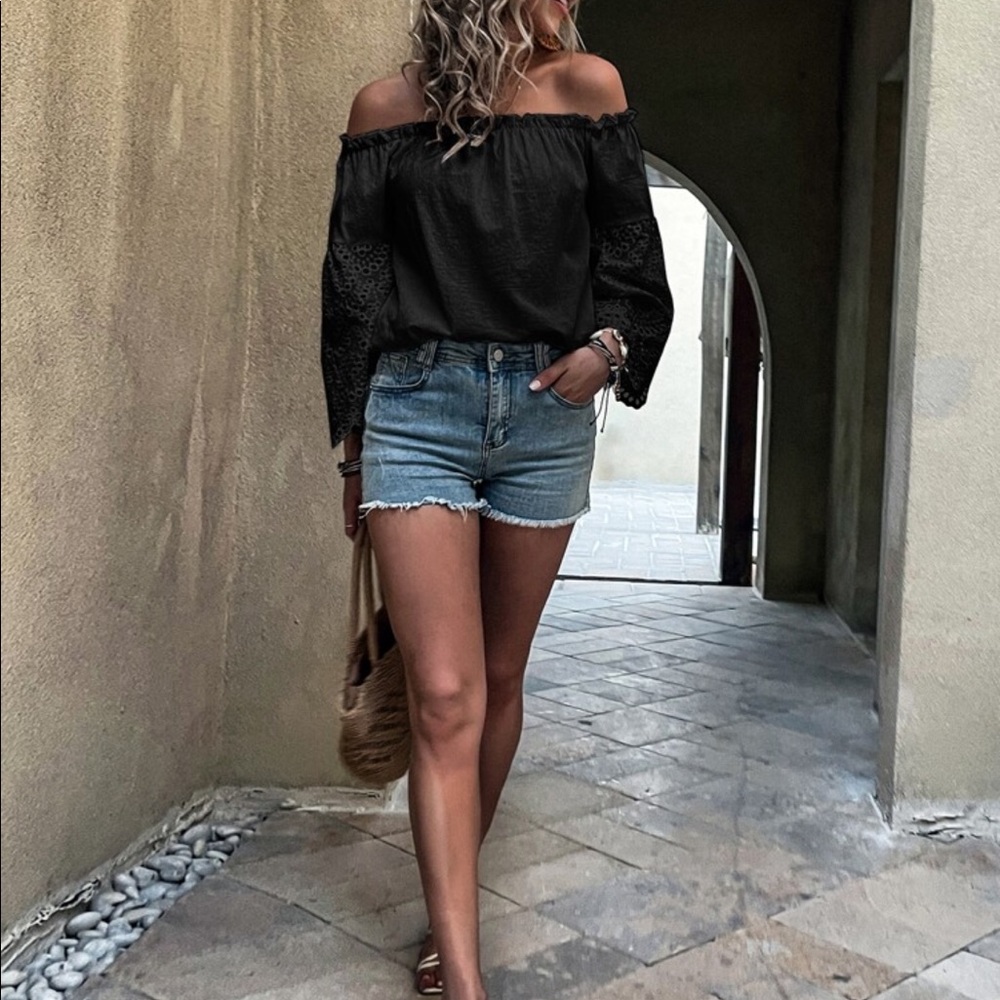 Boho Off Shoulder Eyelet Embroidery Frill Top Blouse White - Picture 14 of 15